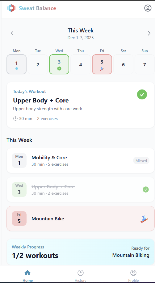 Sweat Balance App Preview - Weekly workout planner for weekend warriors